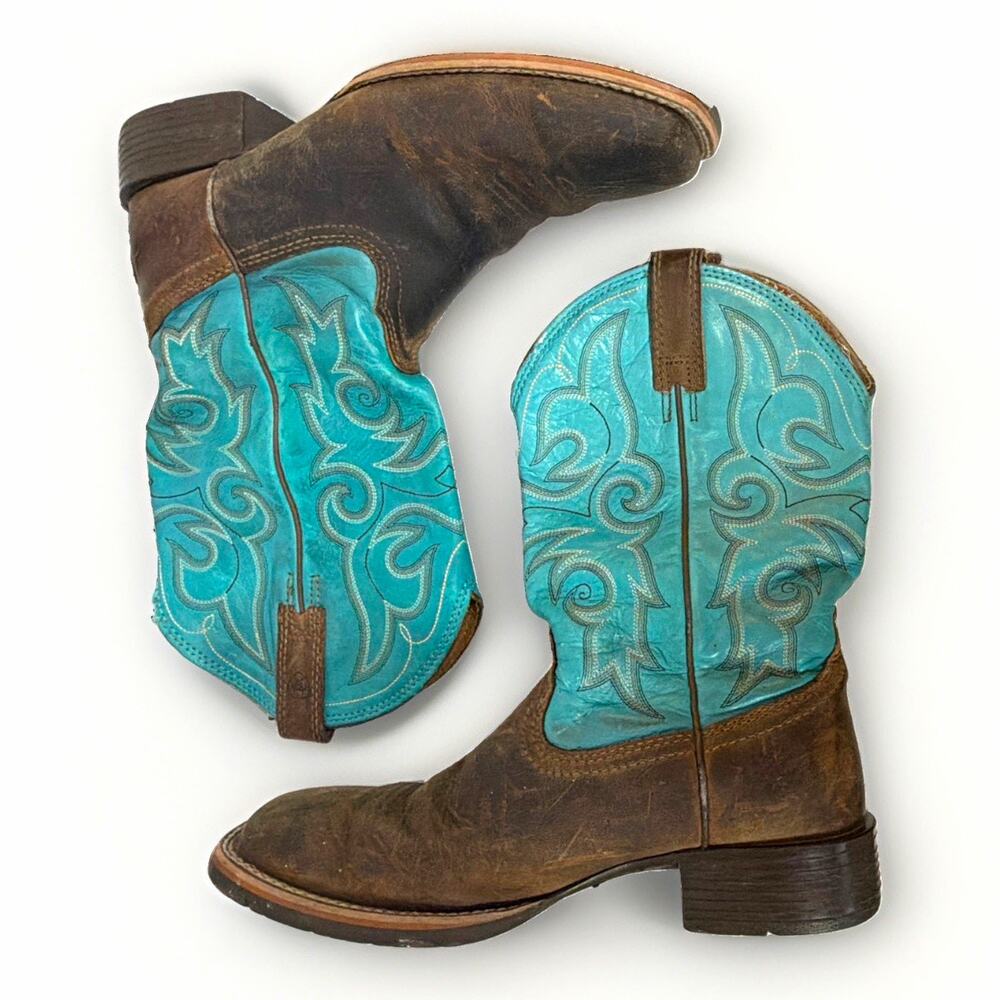 Ariat Boots Women Western Turquoise Leather Pull-On Square Toe 8B Boho Country